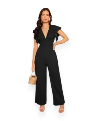 Chic Flutter Sleeve V-Neck Jumpsuit (Black)