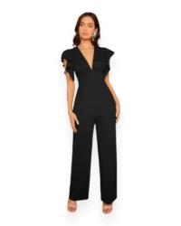 Chic Flutter Sleeve V-Neck Jumpsuit (Black) - Image 3