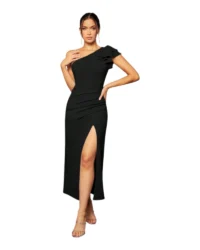 Elegant One-Shoulder Slit Evening Dress (Black) - Image 3