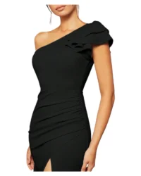 Elegant One-Shoulder Slit Evening Dress (Black) - Image 4