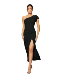 Elegant One-Shoulder Slit Evening Dress (Black) - Image 5