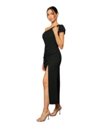 Elegant One-Shoulder Slit Evening Dress (Black) - Image 6