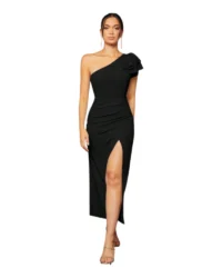 Elegant One-Shoulder Slit Evening Dress (Black) - Image 7