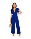 Chic Flutter Sleeve V-Neck Jumpsuit (Blue)