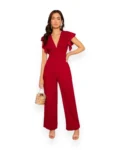 Chic Flutter Sleeve V-Neck Jumpsuit (Burgundy)