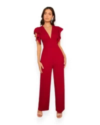 Chic Flutter Sleeve V-Neck Jumpsuit (Burgundy) - Image 3
