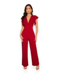 Chic Flutter Sleeve V-Neck Jumpsuit (Burgundy) - Image 4