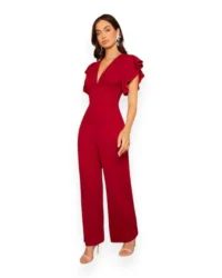 Chic Flutter Sleeve V-Neck Jumpsuit (Burgundy) - Image 5