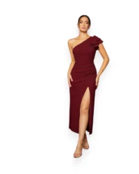 Elegant One-Shoulder Slit Evening Dress (Burgundy)