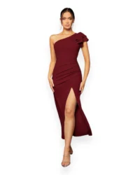 Elegant One-Shoulder Slit Evening Dress (Burgundy) - Image 3