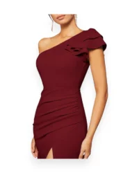 Elegant One-Shoulder Slit Evening Dress (Burgundy) - Image 5