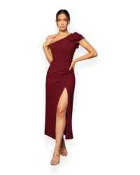 Elegant One-Shoulder Slit Evening Dress (Burgundy) - Image 4