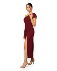 Elegant One-Shoulder Slit Evening Dress (Burgundy) - Image 6