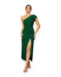 Elegant One-Shoulder Slit Evening Dress (Dark Green)
