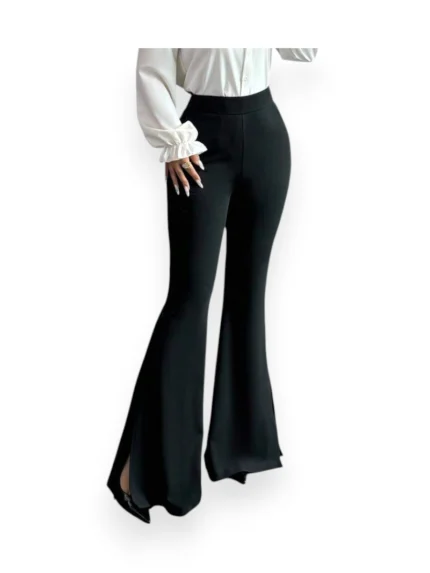 Black high waist flare pants front full length view, wide leg silhouette.