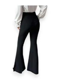 Back view of black high waist flare pants for women, wide leg cut.