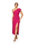 Elegant One-Shoulder Slit Evening Dress (Hot Pink)