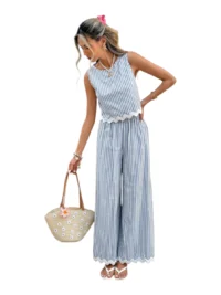 Front full-length view of striped sleeveless top and wide-leg pants set with elastic waist.