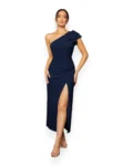 Elegant One-Shoulder Slit Evening Dress (Navy Blue)