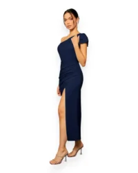 Elegant One-Shoulder Slit Evening Dress (Navy Blue) - Image 6