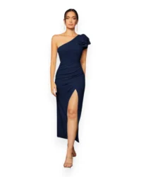 Elegant One-Shoulder Slit Evening Dress (Navy Blue) - Image 7
