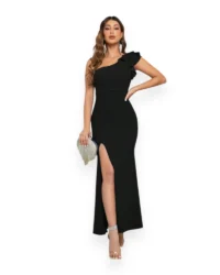 One-Shoulder Black Evening Dress with Thigh Slit