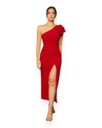 Elegant One-Shoulder Slit Evening Dress (Red) - Image 7