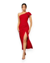 Elegant One-Shoulder Slit Evening Dress (Red) - Image 5