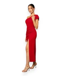 Elegant One-Shoulder Slit Evening Dress (Red) - Image 6