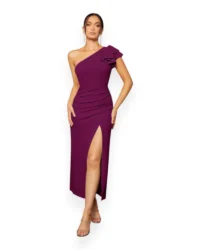 Elegant One-Shoulder Slit Evening Dress (Red Violet)